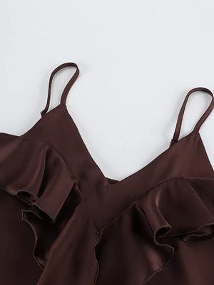Ruffle V-neck Cami And Wide-leg Pants Set in chocolate brown with ruffled