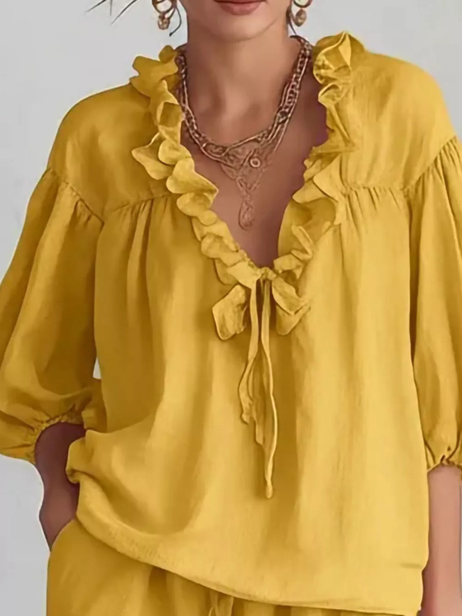 Ruffled V-neck Blouse And Shorts Set in lime green with pocketed