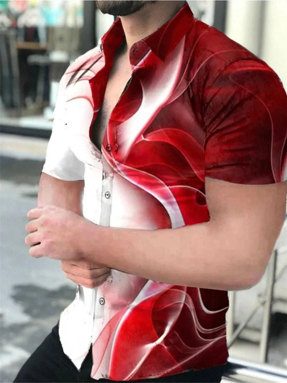 Bold abstract print short sleeve button-down shirt in red and white.