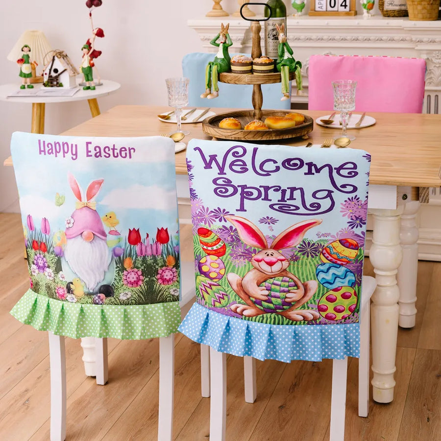 Easter Bunny printed chair covers with ruffles, one with Happy Easter text and gnome, other with Welcome Spring text and