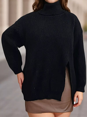 100% polyester Care instructions: Machine wash cold turtleneck sweater in black with relaxed silhouette