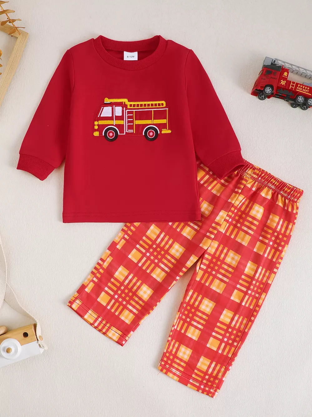 Children's Fire Truck Embroidered Top And Pants Set in Red