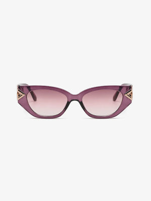 Geometric cat-eye sunglasses in translucent purple with gold triangular accents.