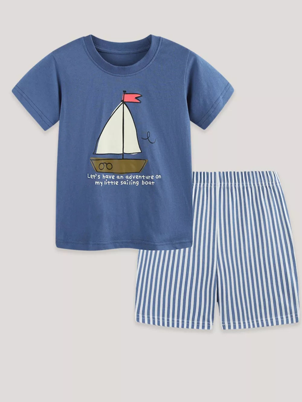 Blue t-shirt with sailing boat graphic and striped shorts