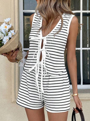 Knit tie-front top and shorts set in black and white stripes, sleeveless V-neck top with tie detail.