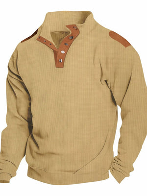 Tan waffle knit henley shirt with suede shoulder patches and collar accents.