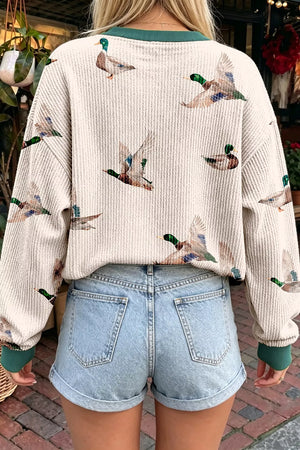 Twisted Ribbed Duck Print Crewneck Pullover in Beige