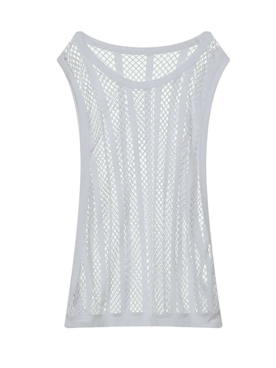 White mesh tank top with vertical panel detail and scoop neck.