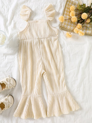 Cream crochet ruffle trim baby jumpsuit with bell bottoms and textured fabric.