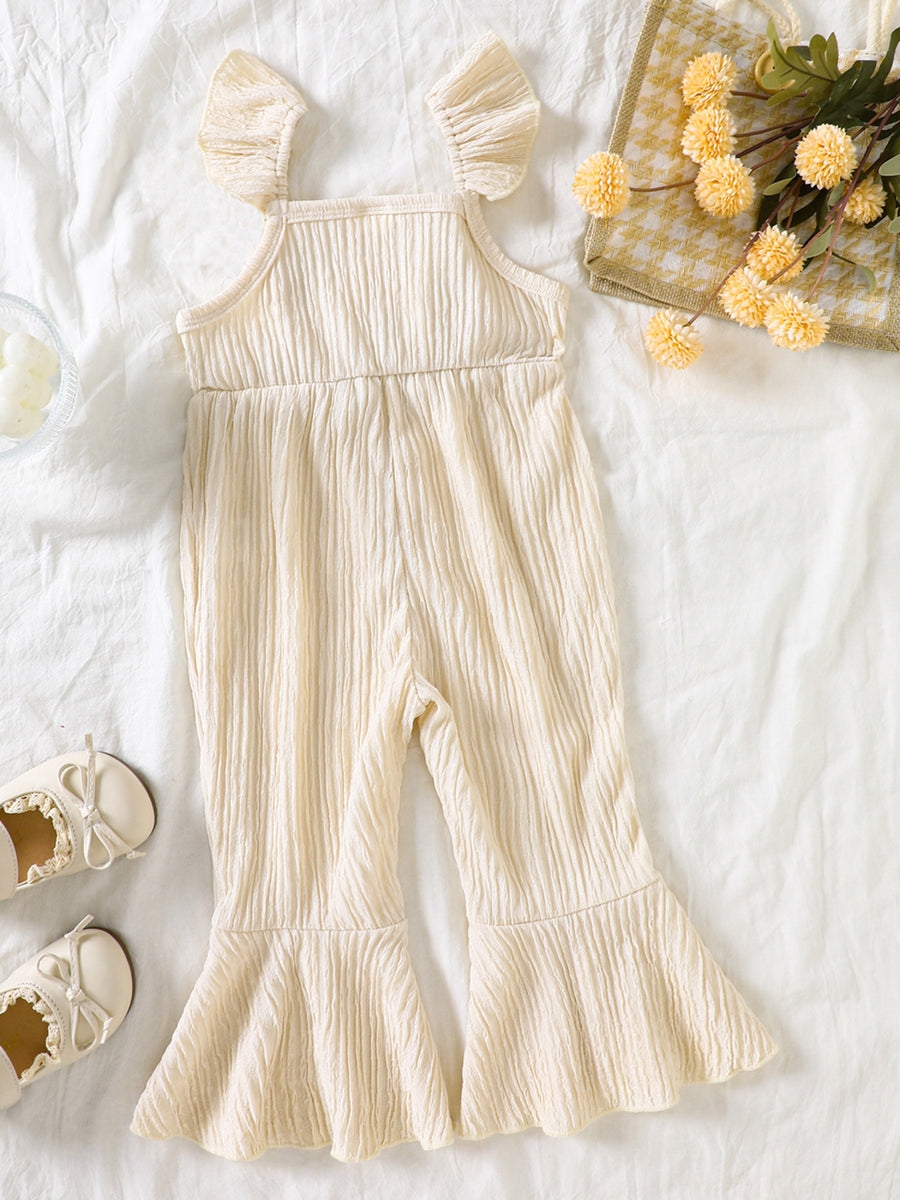Cream crochet ruffle trim baby jumpsuit with bell bottoms and textured fabric.
