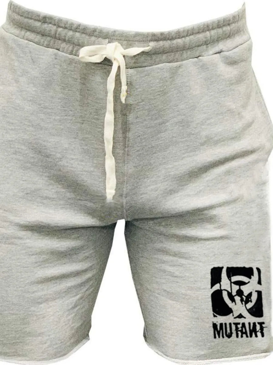 Gray activewear shorts with drawstring and black Mutant logo graphic.