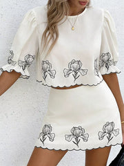White embroidered floral two-piece set with scallop trim and puff sleeves