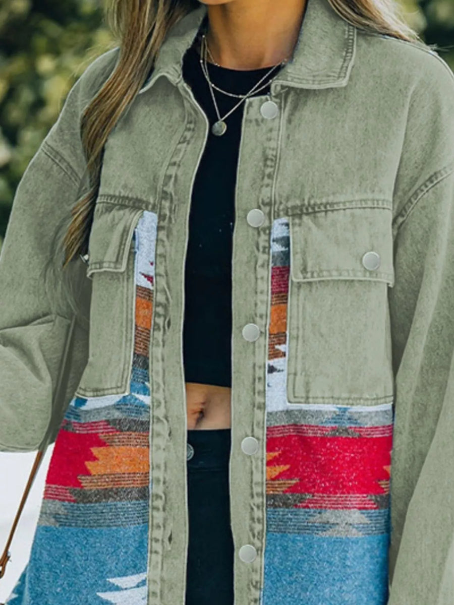 Sage oversized trucker jacket with Aztec print panels and button front.