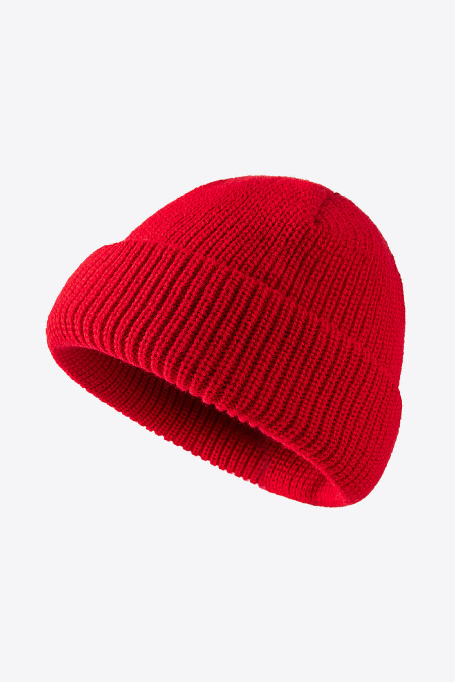 Red ribbed knit beanie with folded edge detail