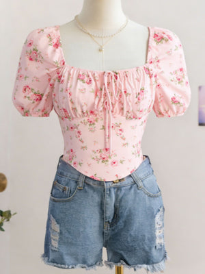 Pink floral tie front puff sleeve blouse with square neckline