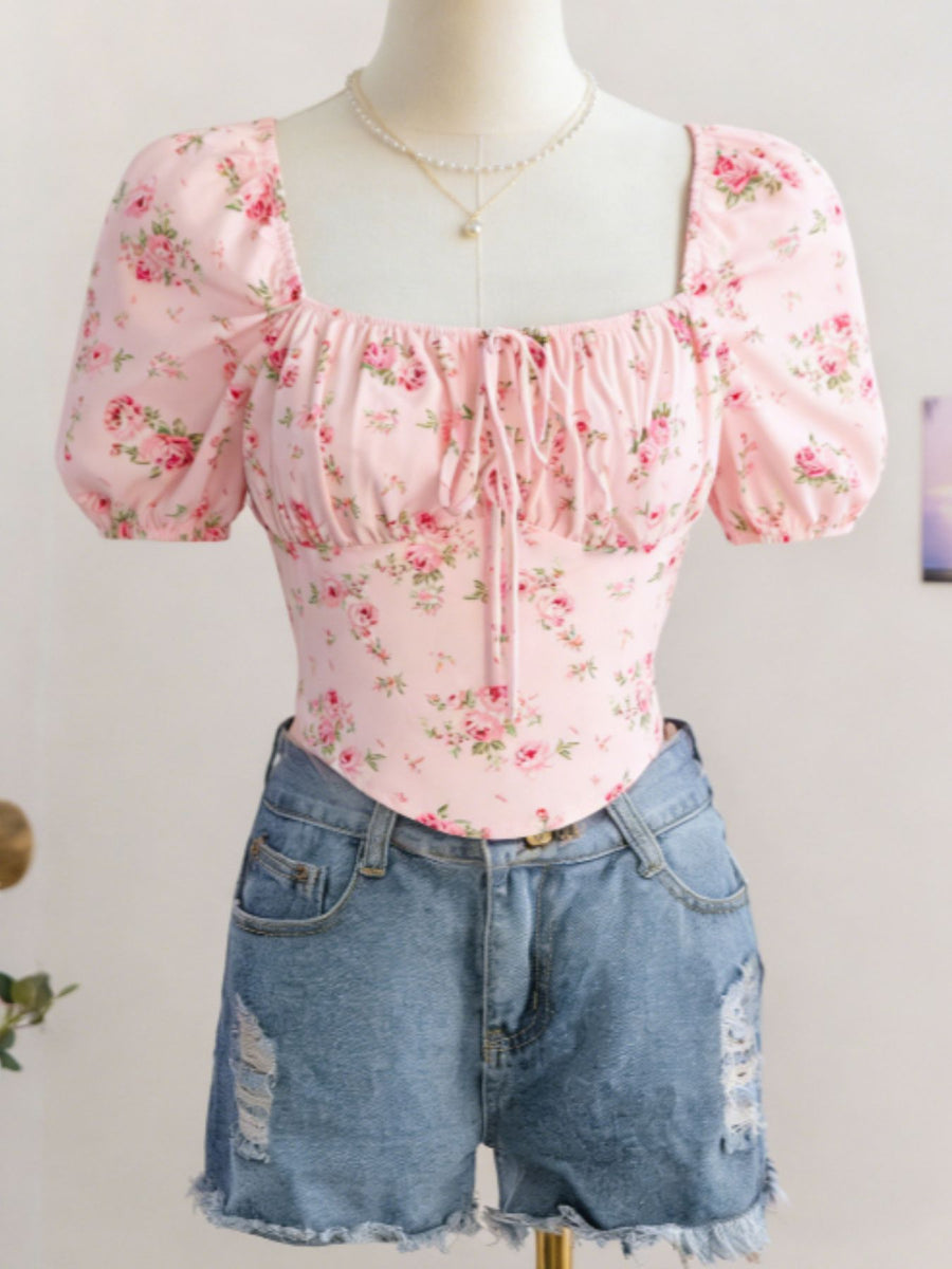 Pink floral tie front puff sleeve blouse with square neckline