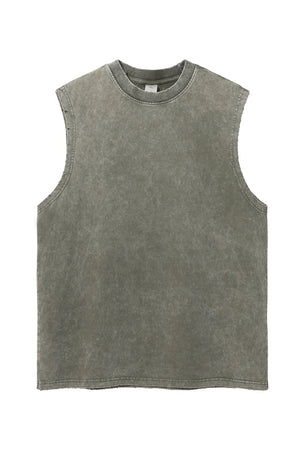 Acid wash muscle tank top in moss with a crew neck and raw hem.