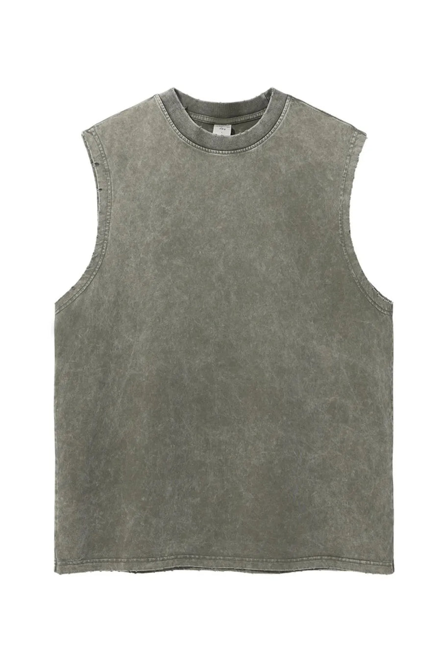Acid wash muscle tank top in moss with a crew neck and raw hem.