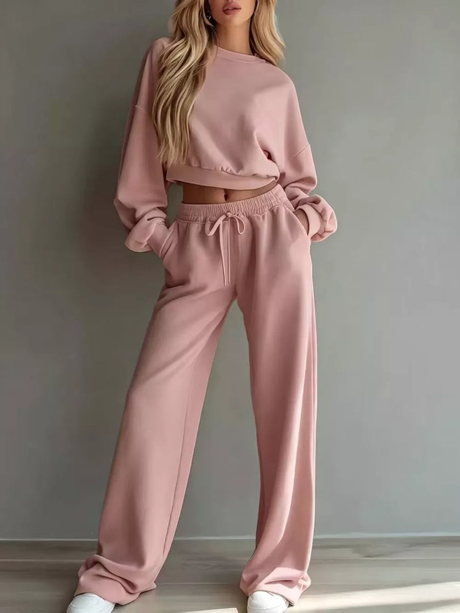 pale yellow lounge set with cropped top, full-length pants and pullover, drawstring, elastic
