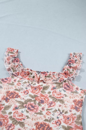 Floral ruffle-trimmed tank top with a square neckline and sheer ruffled straps.