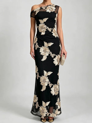 maxi dress in Apricot with one-shoulder and sleeveless
