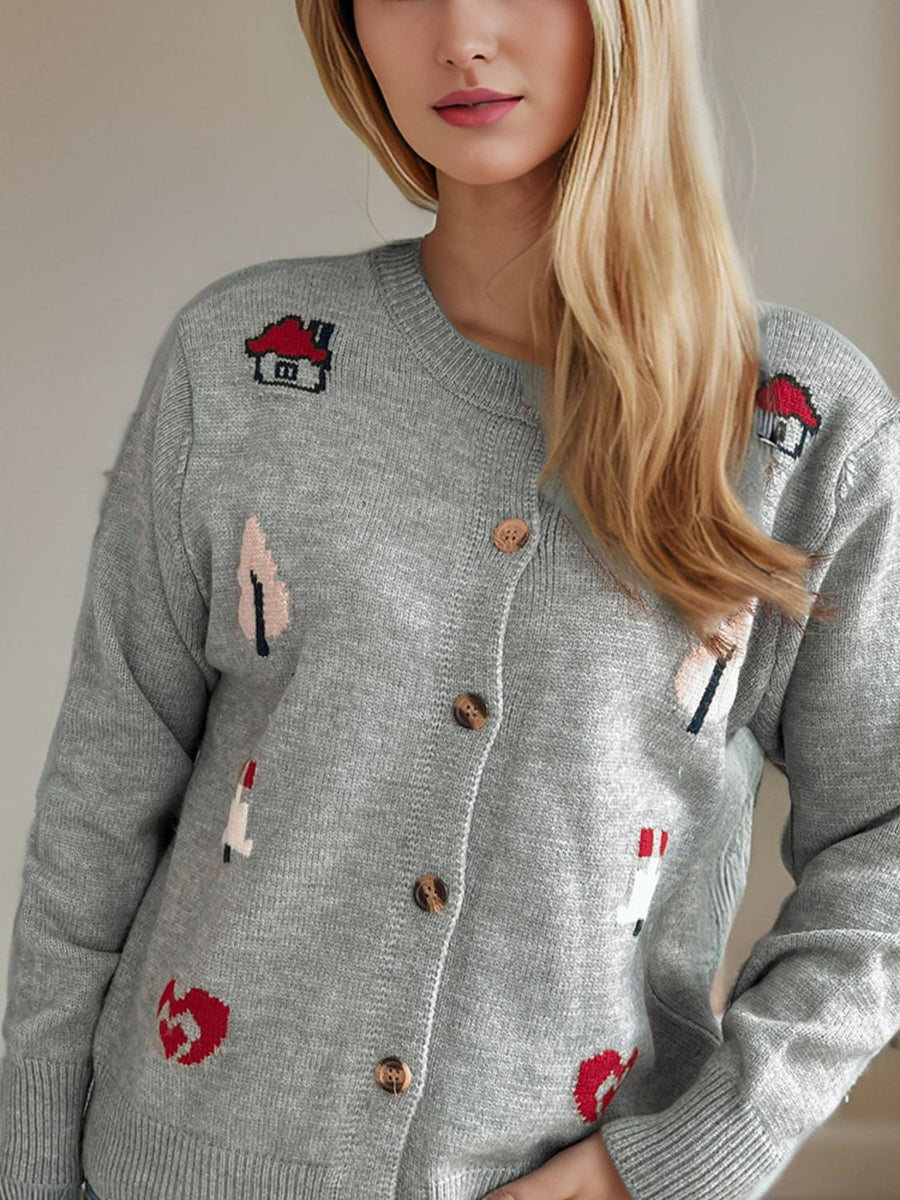 Gray acrylic button-up cardigan with embroidered houses and trees.