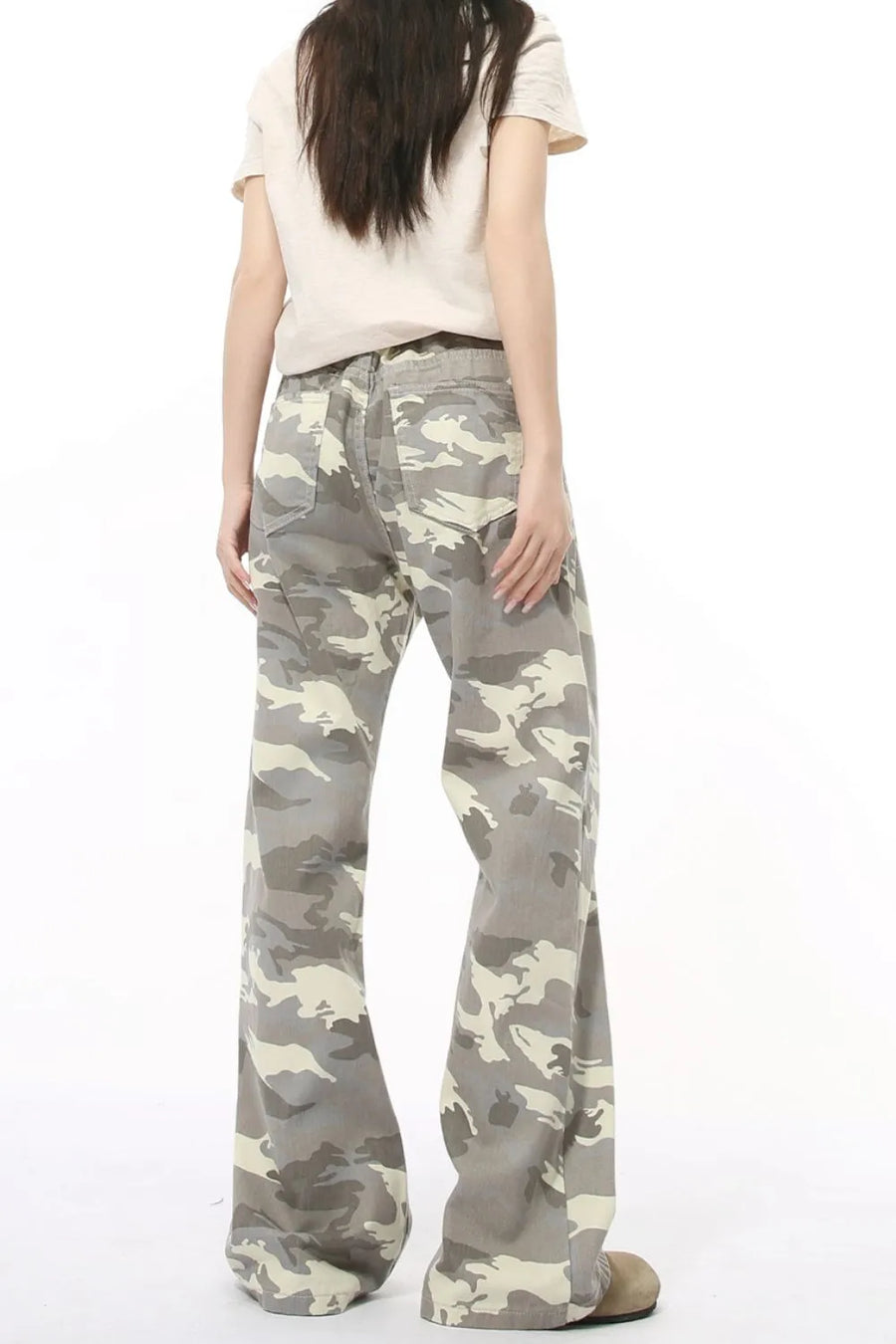 Gray camo flare jeans with utility pockets and a relaxed fit.