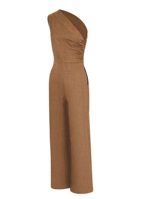 Chic brown one-shoulder wide leg jumpsuit with ruched detail and pockets.