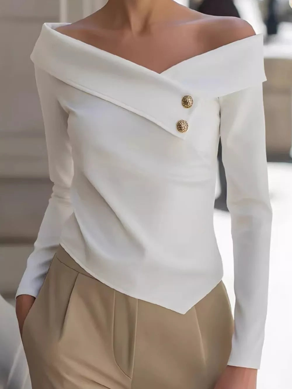 Black Elegant Off-the-shoulder Blouse With Buttons