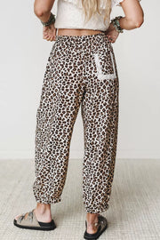 Black with Leopard Print Ankle-length Elastic Waist Pants