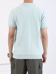 Light blue ribbed knit polo shirt for men with short sleeves and a classic collar.