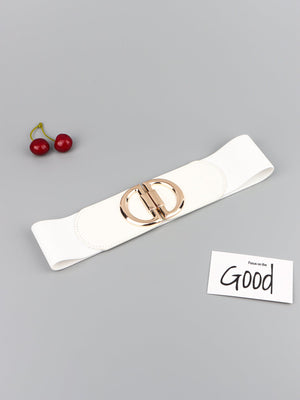 White elastic belt with double D gold buckle