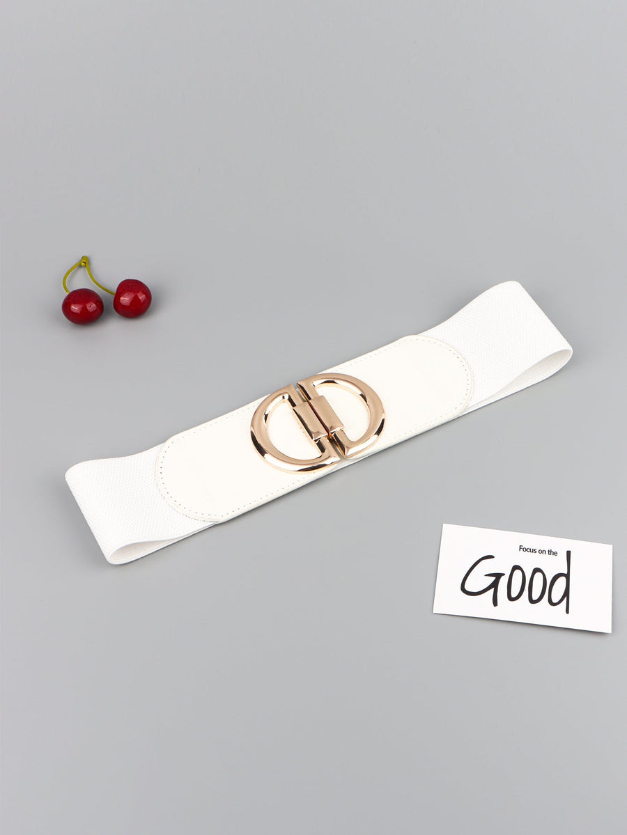 White elastic belt with double D gold buckle