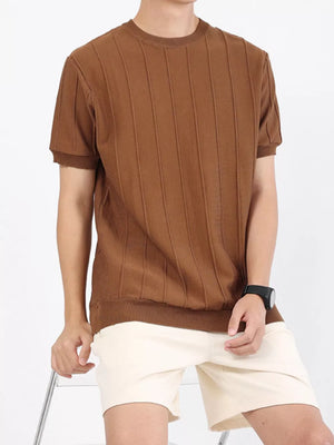 Textured short sleeve t-shirt in coffee with vertical ribbing and crew neck.
