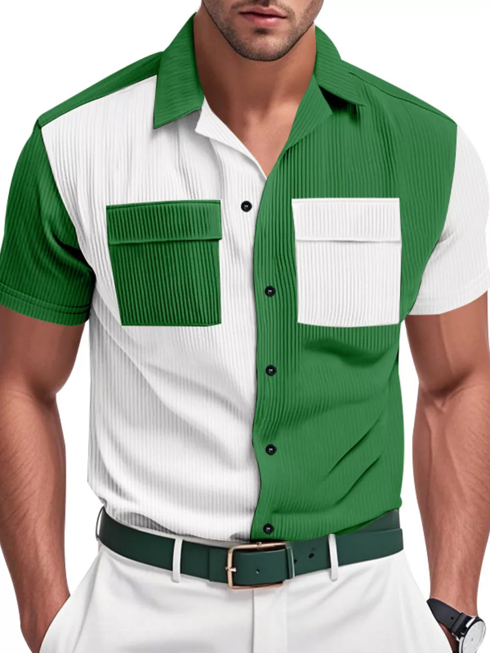 Men's green and white two-tone textured short sleeve button-down shirt with dual chest pockets.