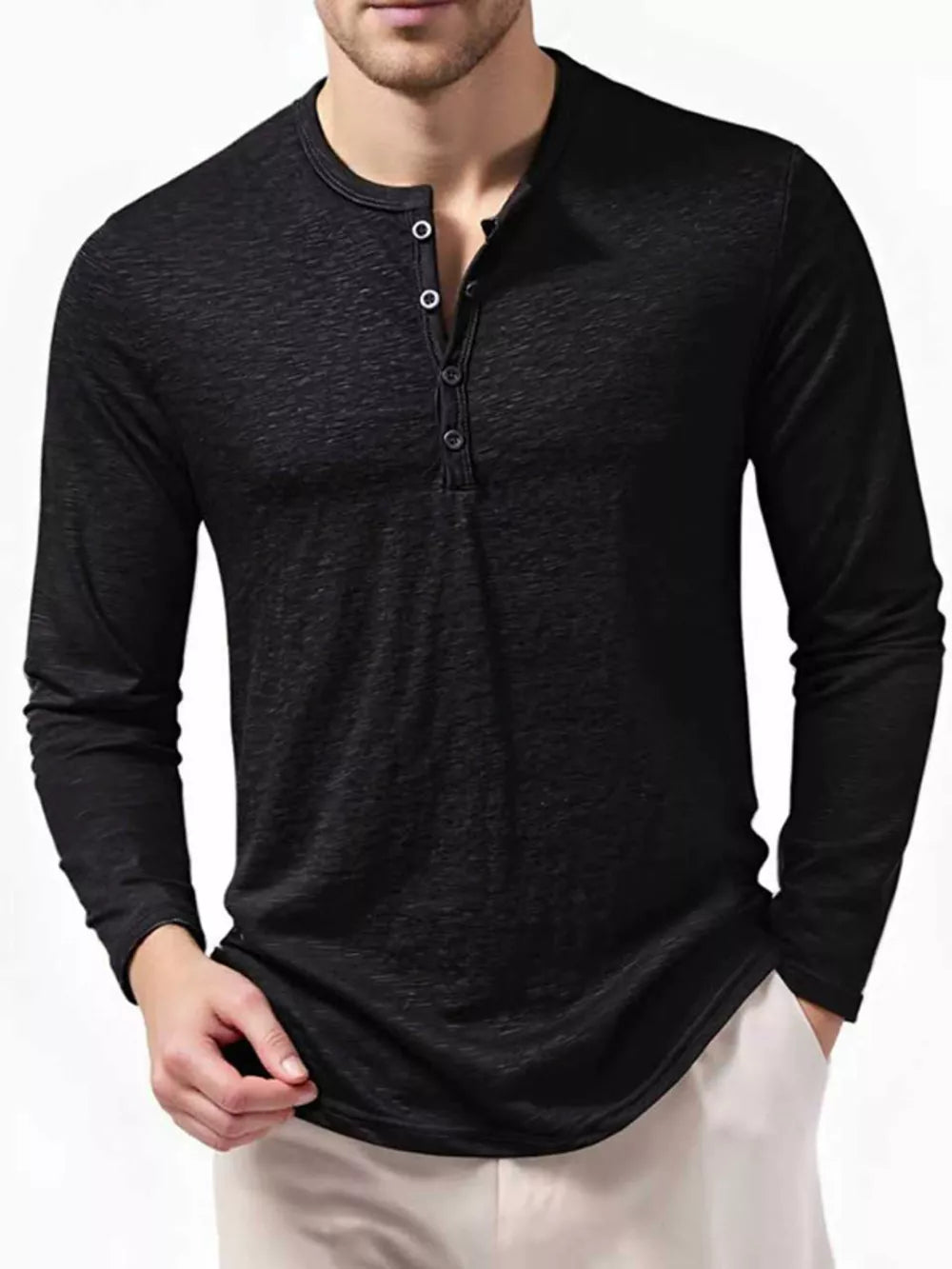 Black Men's Long Sleeve Henley T-shirt