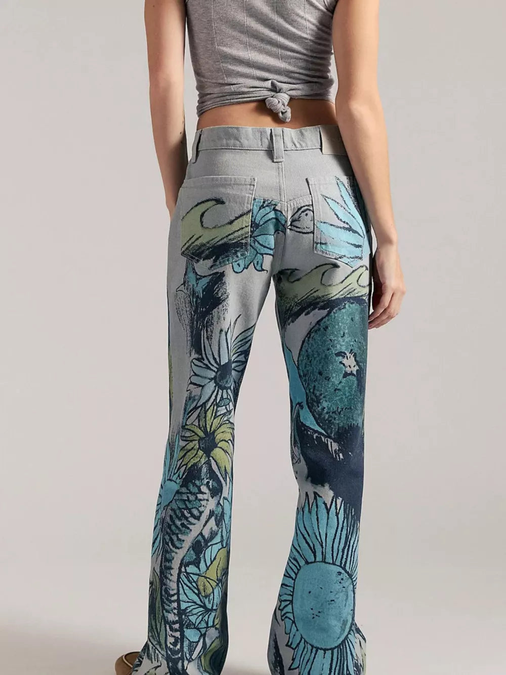 Printed Wide Leg Jeans in Sunflower Color with high-waisted