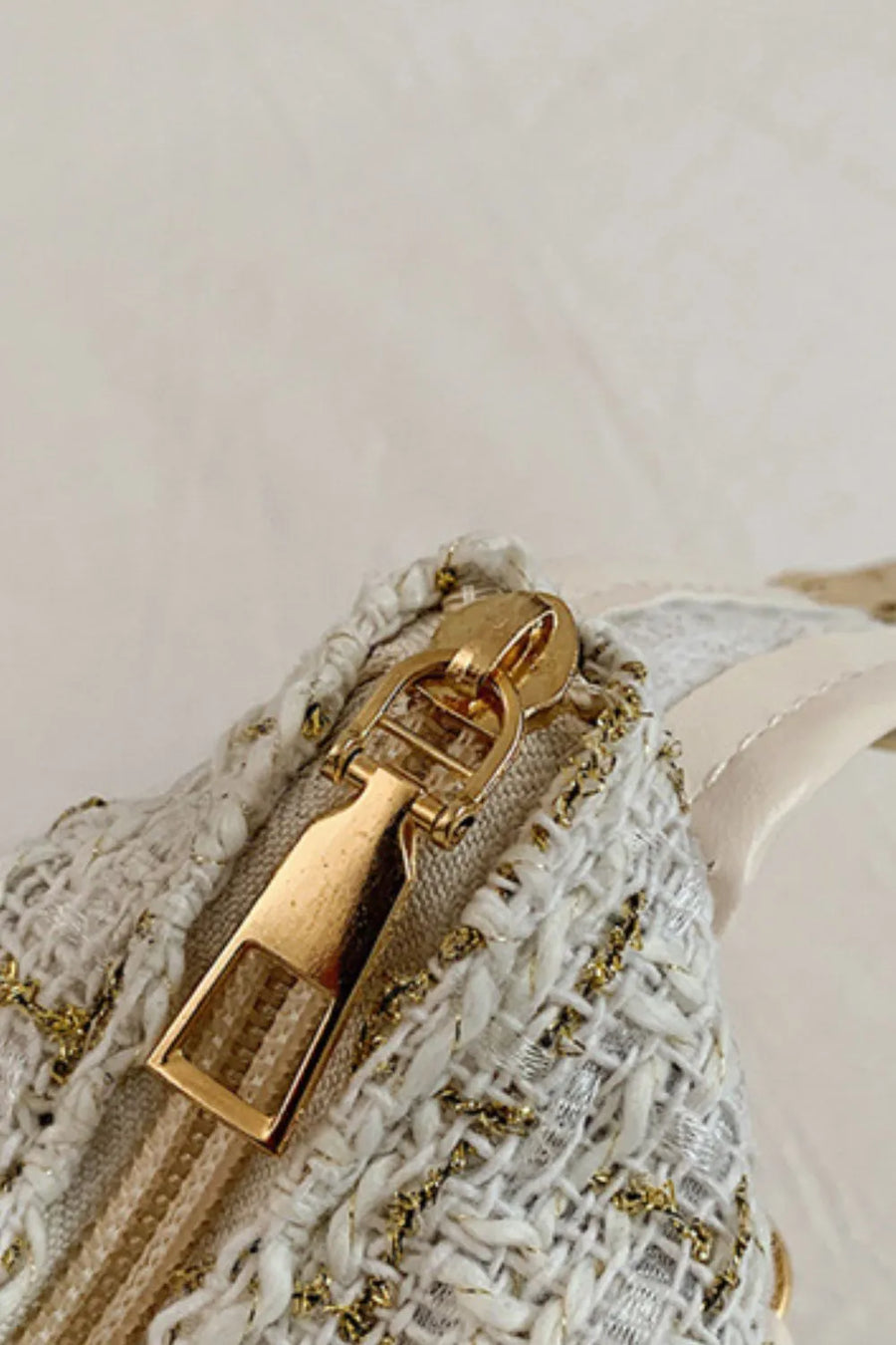 Tweed box bag in ivory with gold zipper detail