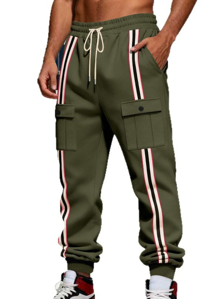 Men's Casual Striped Cargo Joggers Plus Size in Black with drawstring