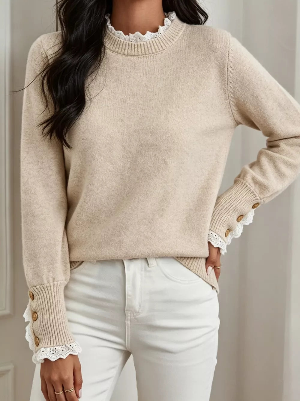 mock neck sweater in oatmeal featuring lace trim and regular fit