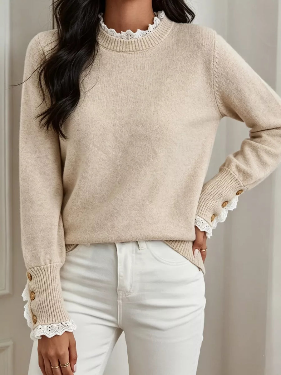 mock neck sweater in oatmeal featuring lace trim and regular fit