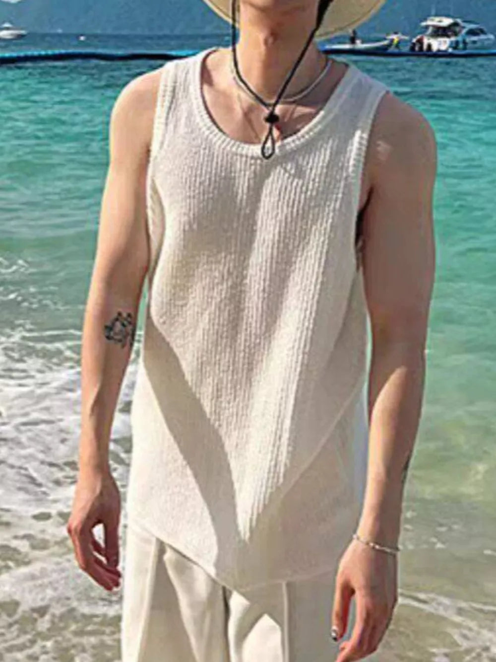 Men's Plus Size Textured Knit Sleeveless Tank Top in White