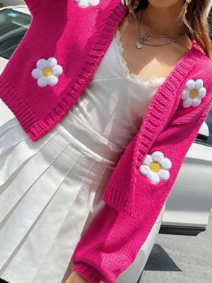 coral pink cardigan with open-front and floral