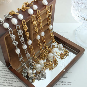 Linked pearl knot collar necklaces in gold and silver with white pearls.
