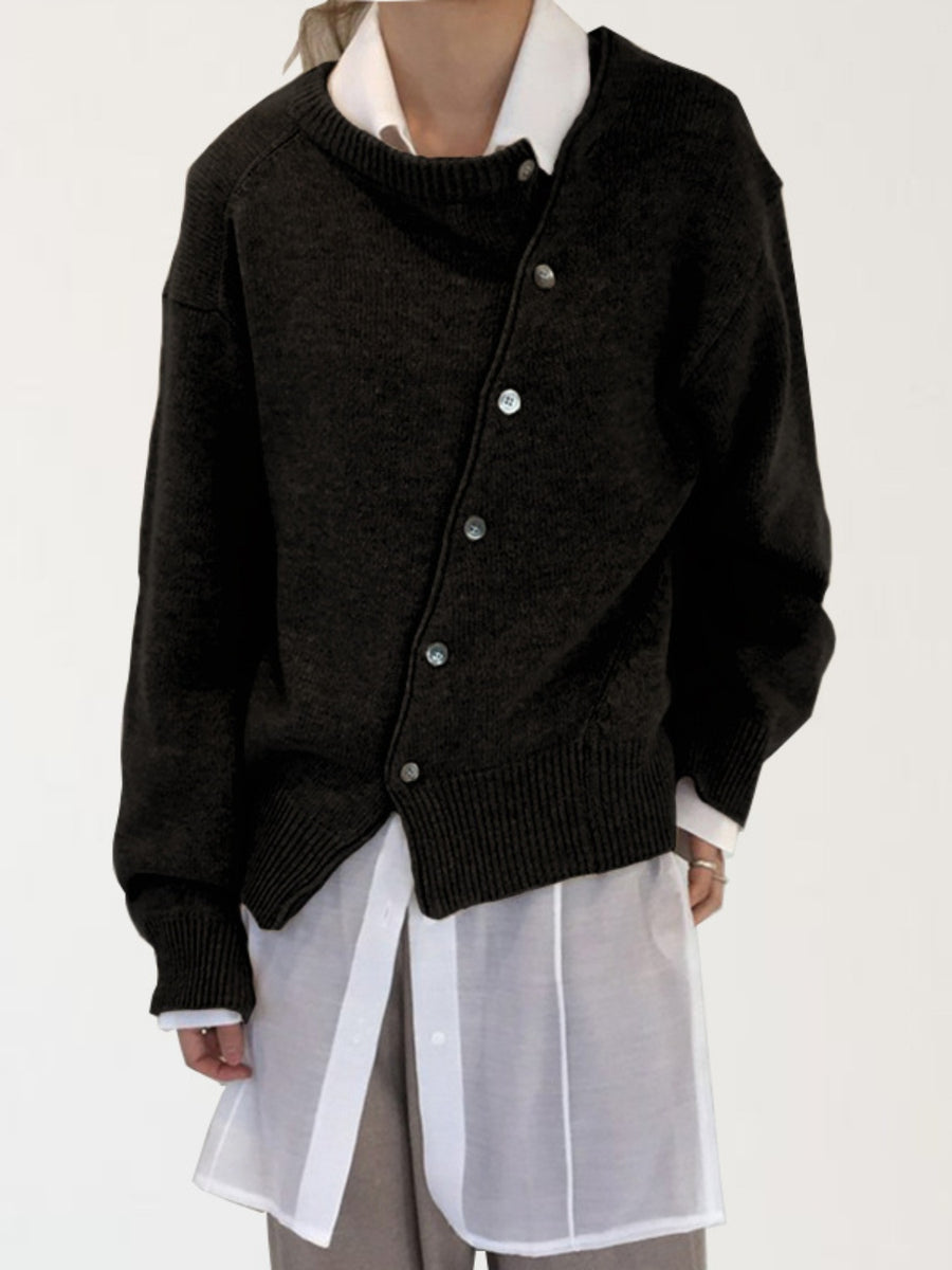 Dark Gray asymmetric button-up knit cardigan with crew neck and ribbed trim.