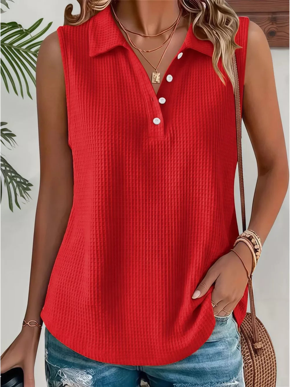 Black Full Size Waffle Knit Button Detail Sleeveless Top