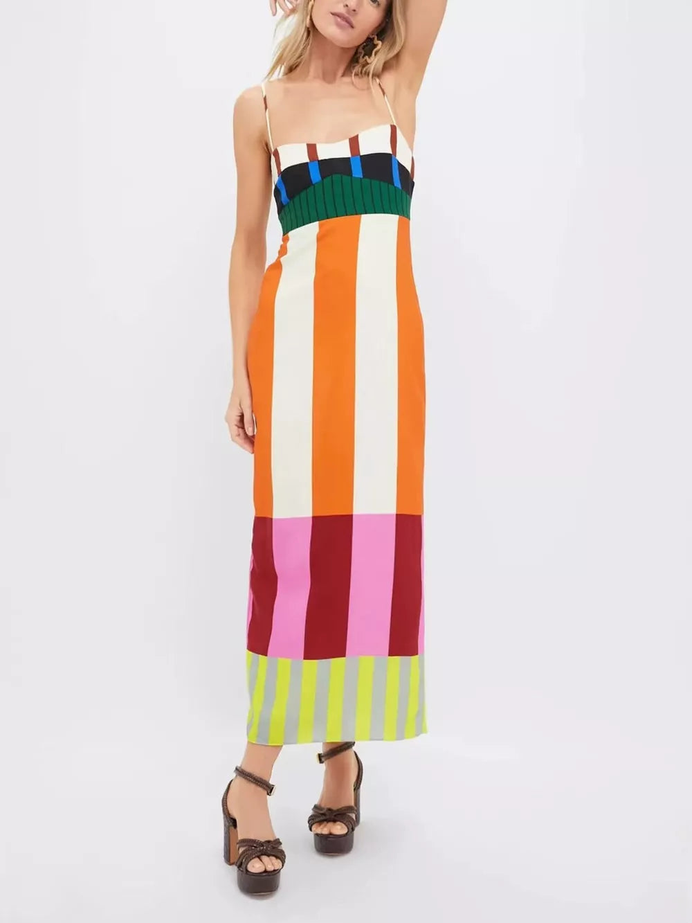 ivory midi dress featuring spaghetti strap and color-block