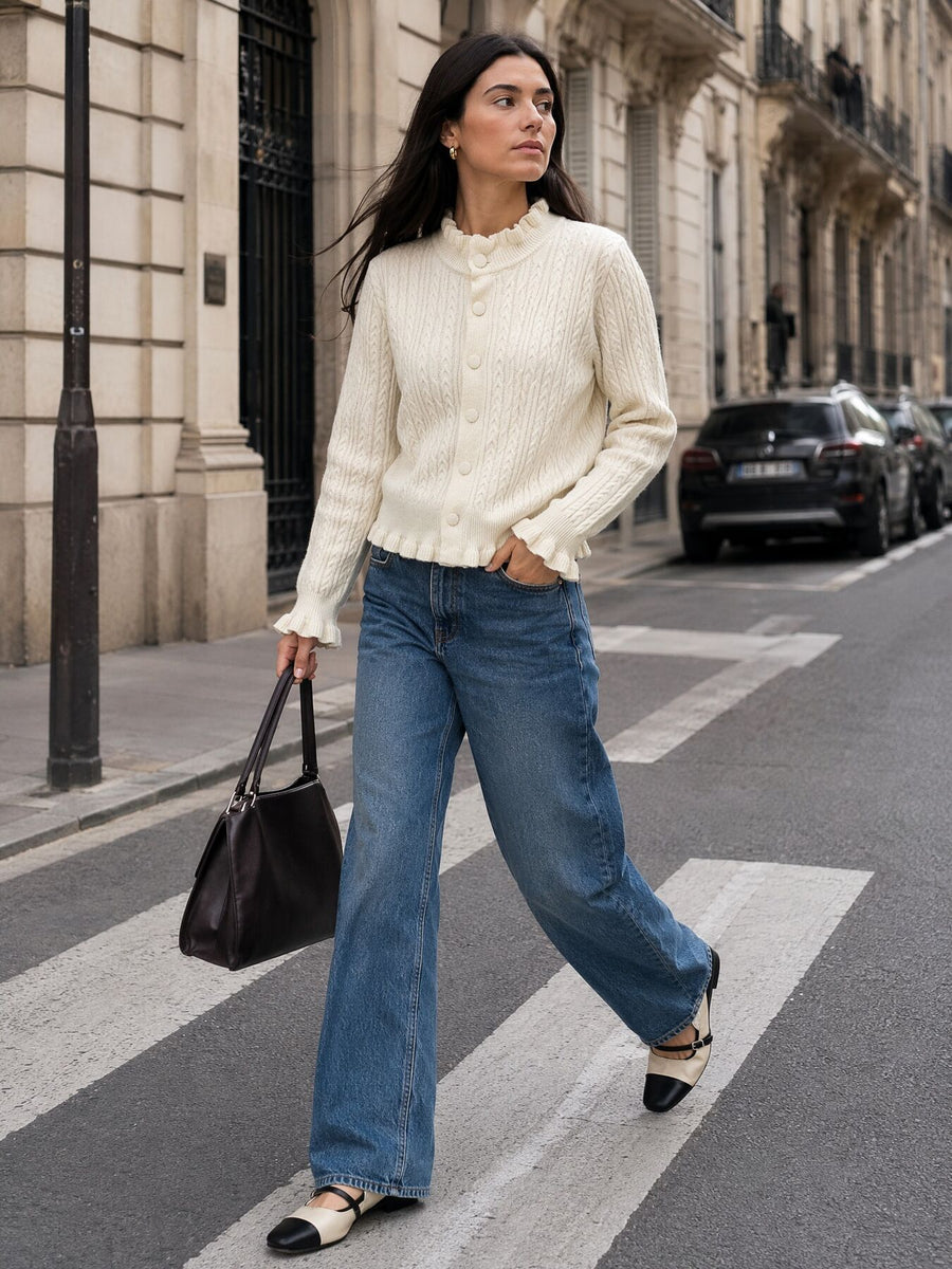 Apricot Color cardigan with hip-length and button-front