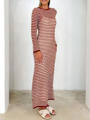 Striped maxi sweater dress in Terracotta with long sleeves and a back tie detail.