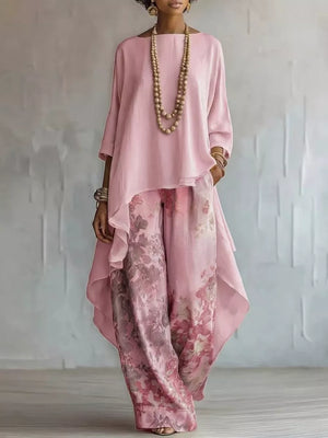 Asymmetrical Hem Top And Floral Pants Set in White